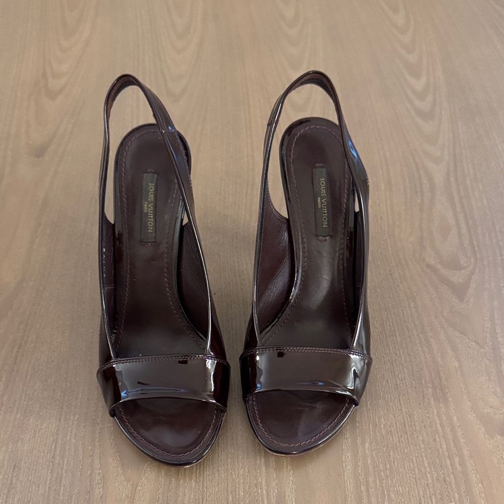 Louis Vuitton Dark Brown Patent Slingback Heels